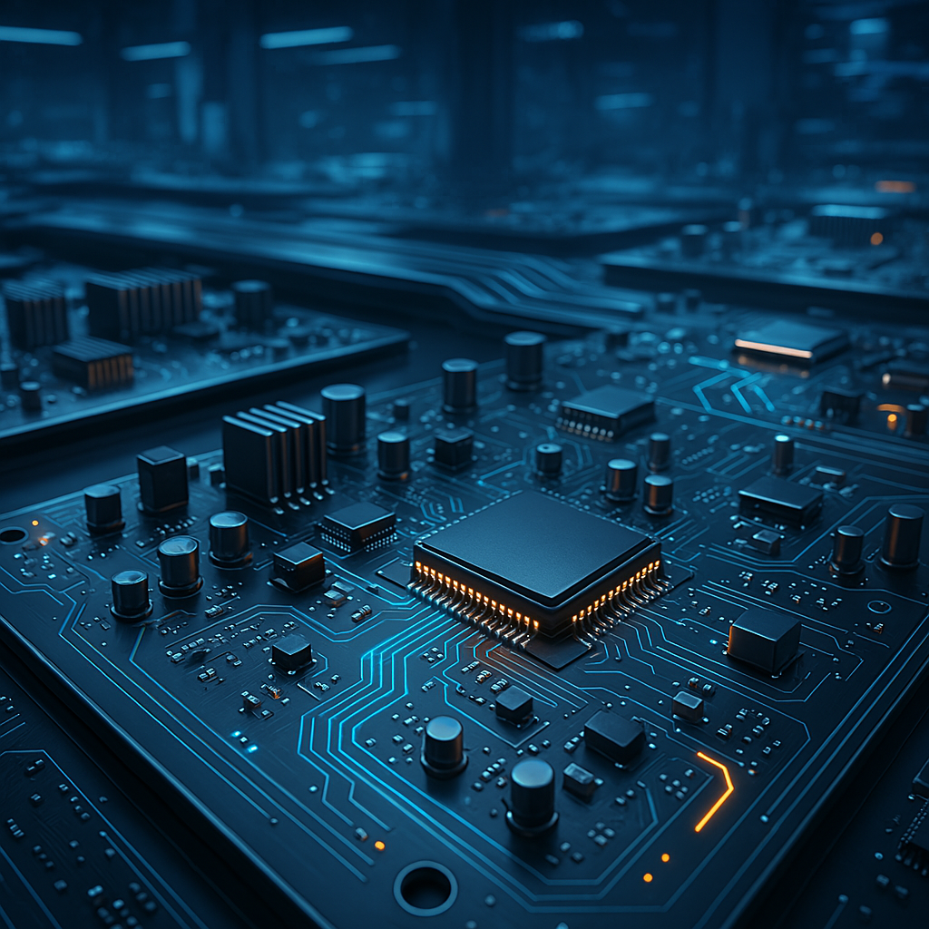 a high tech and futuristic 3d render of an electronic manufacturing environment featuring detailed c